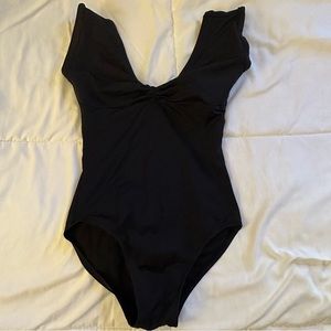 Gaynor Minden Ballet Dance Black V Neck Cinch Front Size Petite XS Leotard